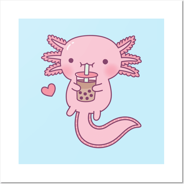 Cute Axolotl Loves Boba Tea Wall Art by rustydoodle